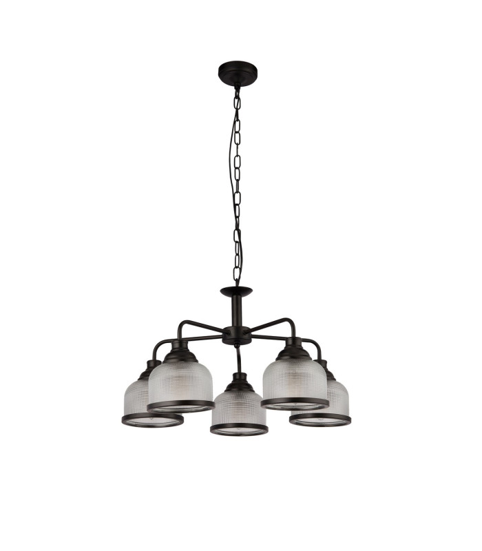 Highworth 5 Light Pendant Black Holophane Style Glass_Off