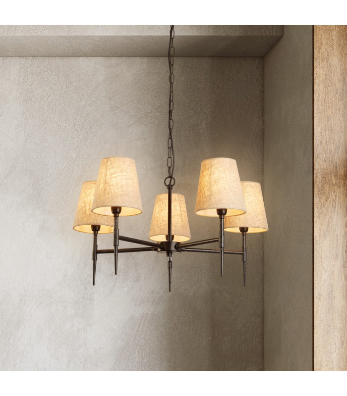 Gothic 5 Light Pendant Hammered Black Natural Linen_Room