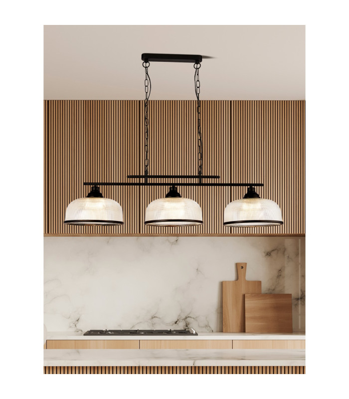 Highworth 3 Light Bar Pendant Black Holophane Style Glass_Room