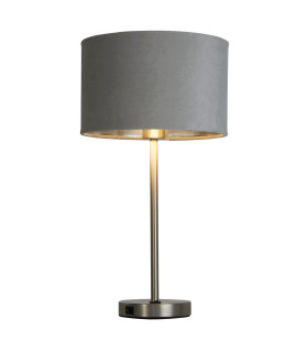 Finn USB Table Lamp Satin Nickel Grey Velvet Shade_Main