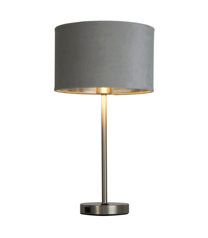 Finn USB Table Lamp Satin Nickel Grey Velvet Shade_Main