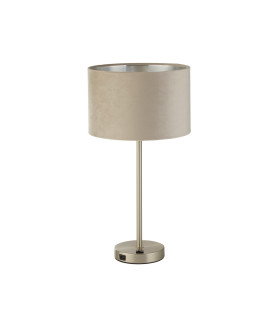 Finn USB Table Lamp Satin Nickel Taupe Velvet Shade_Off