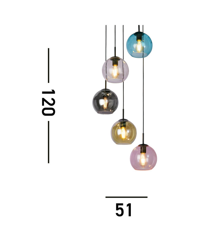 Mardi Gras II 5 Light Pendant Black Coloured Glass_Line
