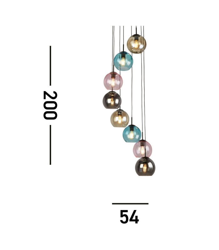 Mardi Gras II 8 Light Pendant Black Coloured Glass_Line