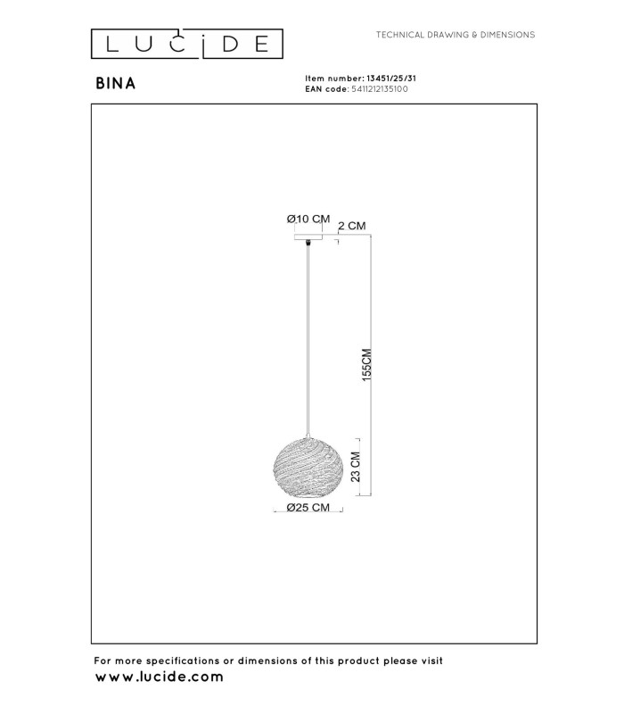 Lucide BINA - Pendant light - Ø 25 cm - 1xE27 - White-6