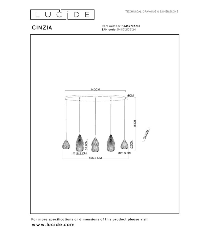 Lucide CINZIA - Pendant light - 8xE27 - White-6