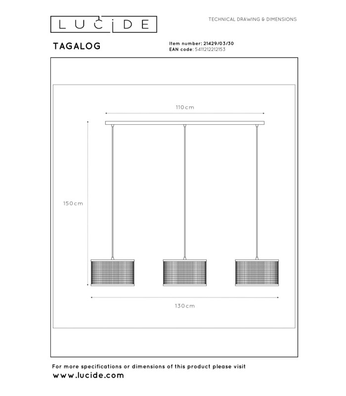 Lucide TAGALOG - Pendant light - Ø 40 cm - 3xE27 - Black | Essential