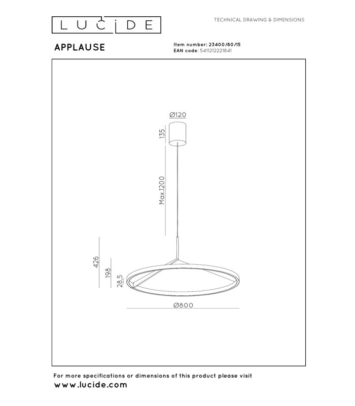 Lucide APPLAUSE - Pendant light - Ø 80 cm - LED Dim. - CCT - 1x50W 2700K/4000K - Hand Wave Sensor - Grey iron | Premium-6