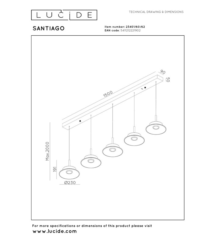 Lucide SANTIAGO - Pendant light - LED Dim. - CCT - 5x10W 2700K/4000K - Amber | Premium