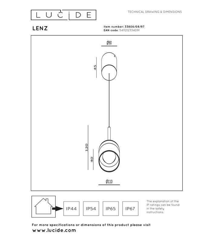Lucide LENZ - Pendant light Indoor/Outdoor - Ø 11 cm - LED - 1x8W 2700K - IP54 - Rust Brown | Essential-5