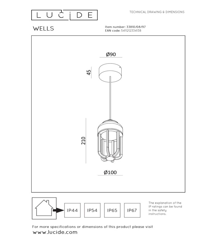 Lucide WELLS - Pendant light Indoor/Outdoor - Ø 10 cm - LED - 1x8W 2700K - IP54 - Rust Brown | Essential-6