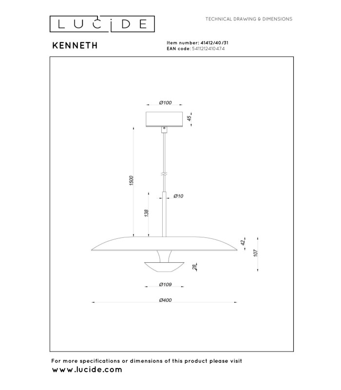 Lucide KENNETH - Pendant light - Ø 40 cm - LED Dim. - 1x12W 2700K - White | Premium