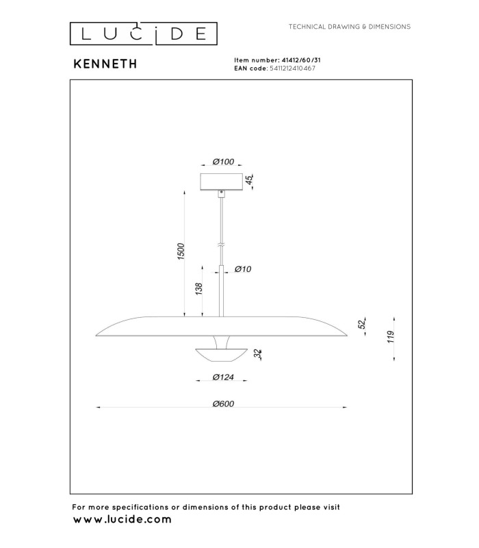 Lucide KENNETH - Pendant light - Ø 60 cm - LED Dim. - 1x16W 2700K - White | Premium