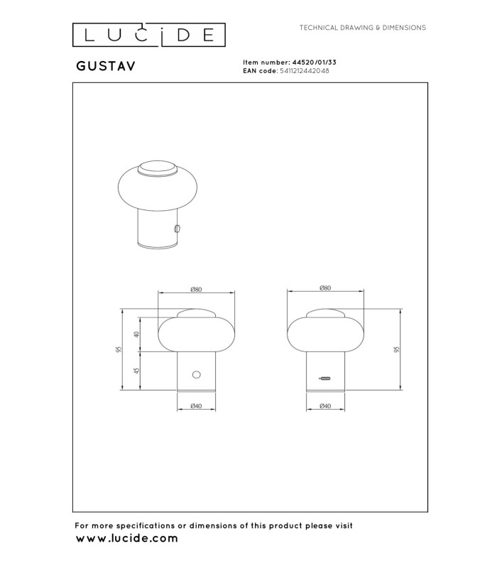 Lucide GUSTAV - Rechargeable Table lamp - Battery pack - Ø 8 cm - LED Dim. - 1x0