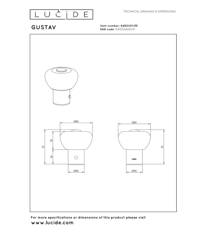 Lucide GUSTAV - Rechargeable Table lamp - Battery pack - Ø 8 cm - LED Dim. - 1x0