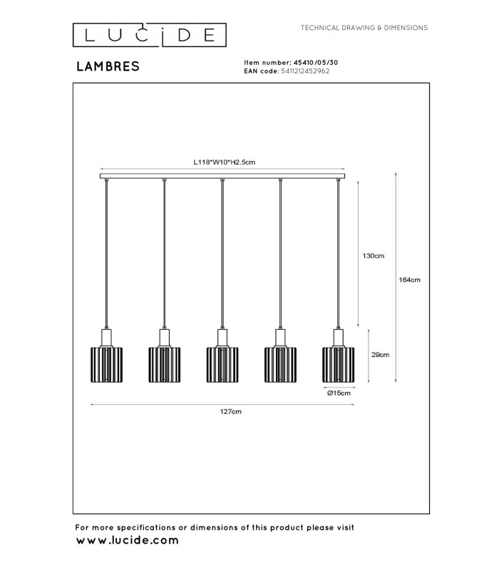 Lucide LAMBRES - Pendant light - 5xE27 - Black-9