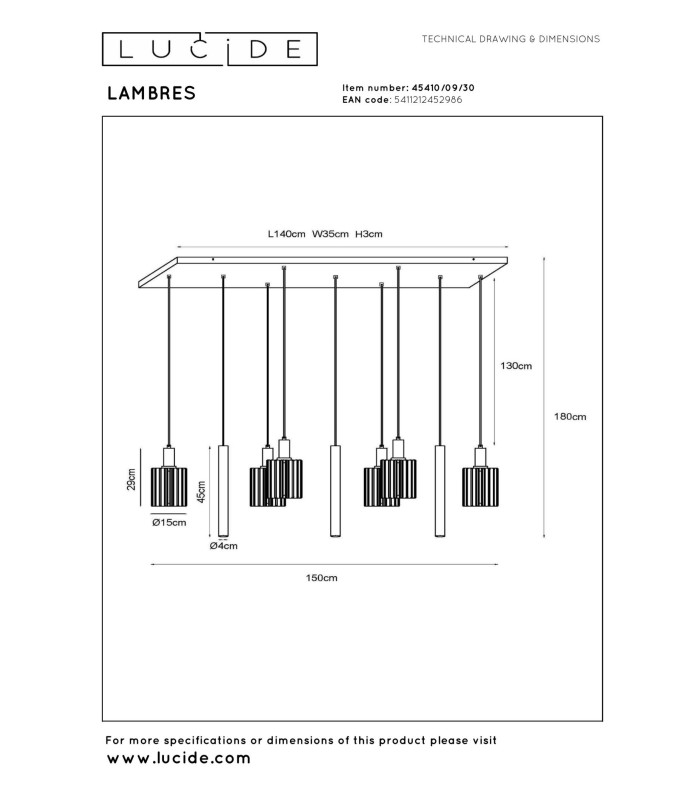 Lucide LAMBRES - Pendant light - 6xE27 - Black-4