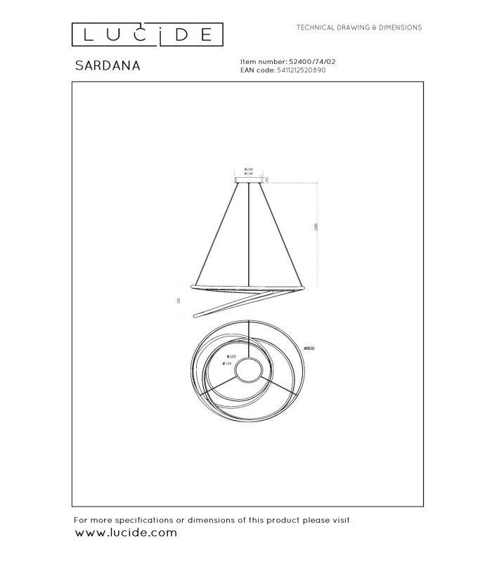Lucide SARDANA - Pendant light - Ø 80 cm - LED Dim. - 1x74W 2700K - Matt Gold / Brass | Premium