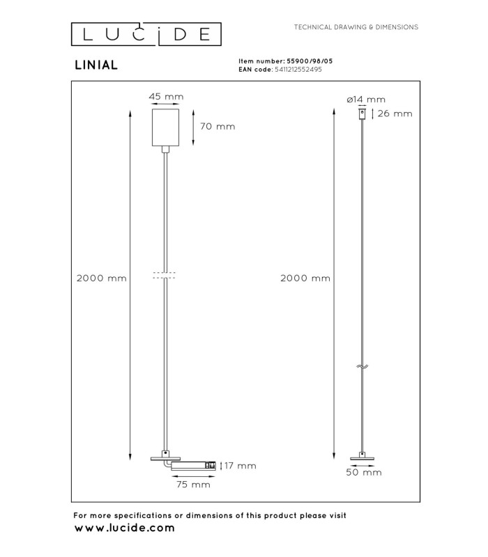 Lucide Premium LINIAL Pendant connection for built-in driver - 1-circuit Track lighting system - Champagne-2