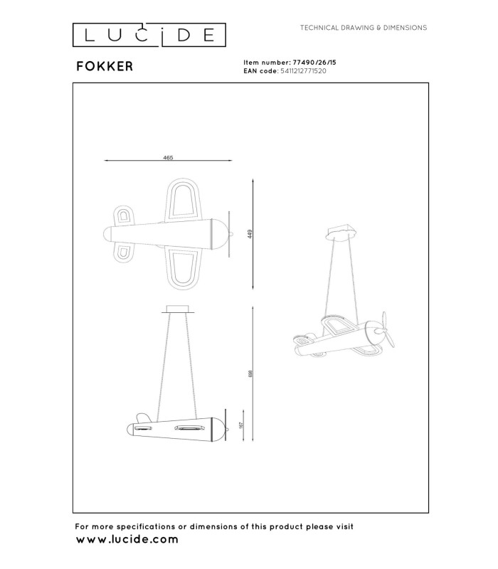 Lucide FOKKER - Pendant light Children - LED - 1x28W 2500K - Grey iron-6