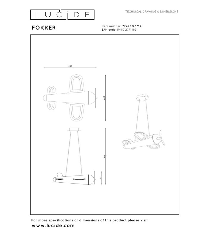 Lucide FOKKER - Pendant light Children - LED - 1x28W 2500K - Yellow
