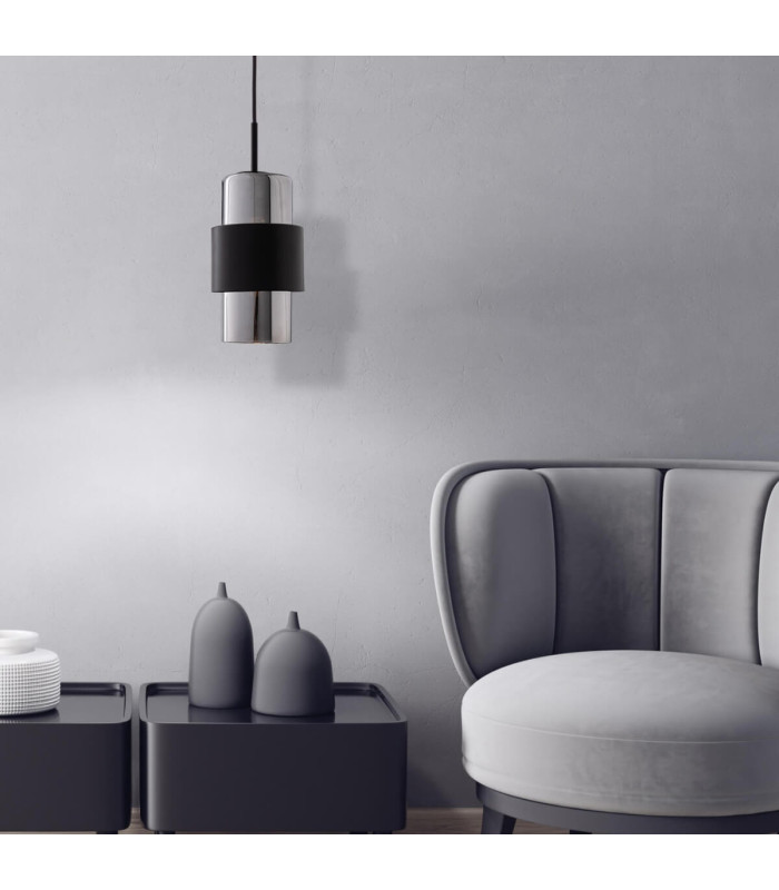 Slimline Slim Pendant Ceiling Light Black Matt - Chrome Glass 1xE27 - Driver Not Included-2