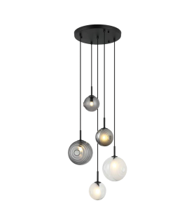 Sylion Cluster Pendant Ceiling Light Black Matt -Clear Frost White & Smoked Glass 5xG9 LED-1