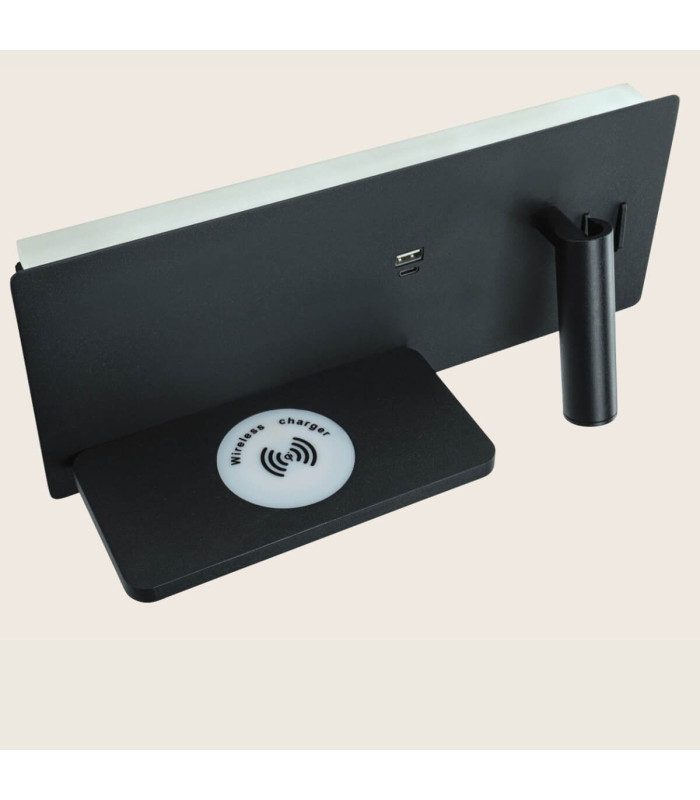 Zambelis Reading Wall Light Black Usb & Wireless Chargers Right LED 3000K-3