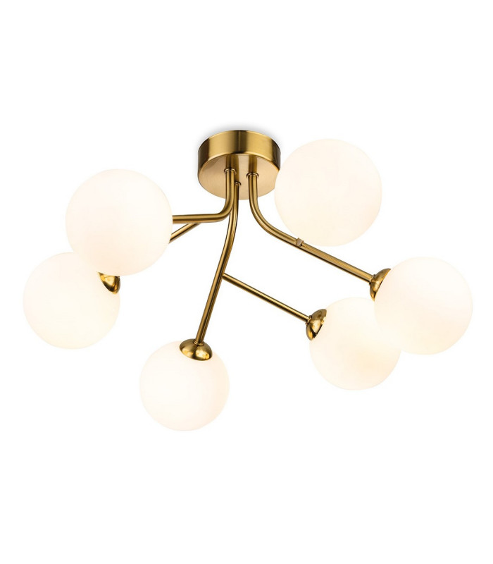Groves Globe 6 Light Flush Ceiling Fitting Brushed Brass with Opal White Glass 6xG9