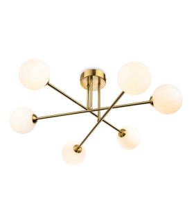 Lando Globe 6 Light Flush Ceiling Fitting Brushed Brass with Opal White Glass 6xG9