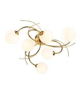 Elba 6 Light Flush Ceiling Fitting Brushed Brass with Opal White Glass 6xG9