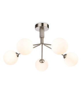 Lyric 5 Light Flush Ceiling Fitting Brushed Steel with Opal White Glass 5xG9