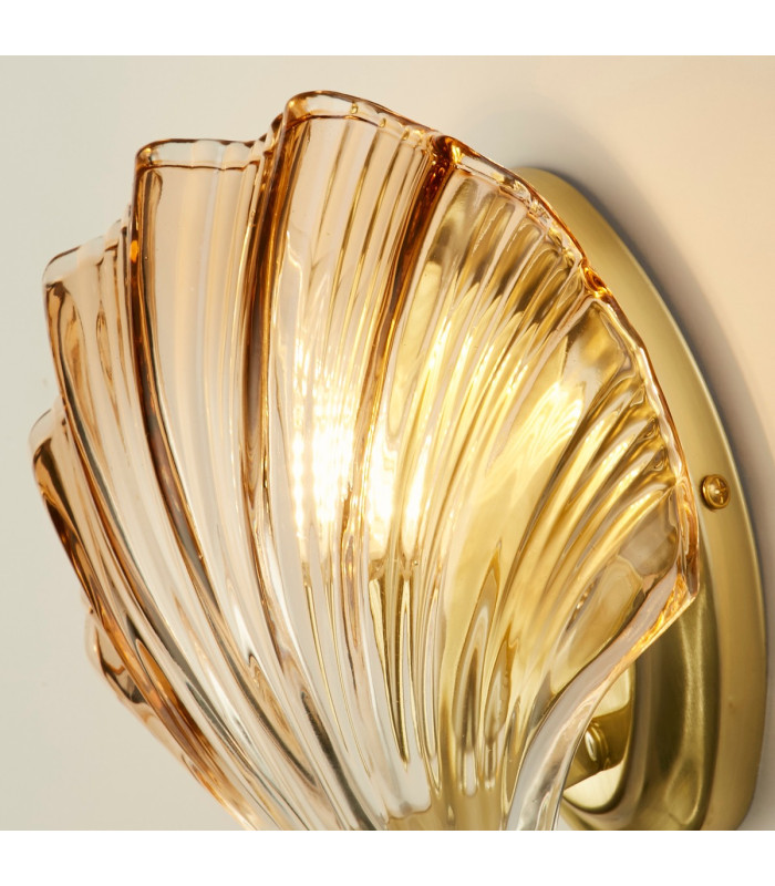 Shell 1 Light Wall Lamp Satin Brass Metal & Amber Glass IP44-3