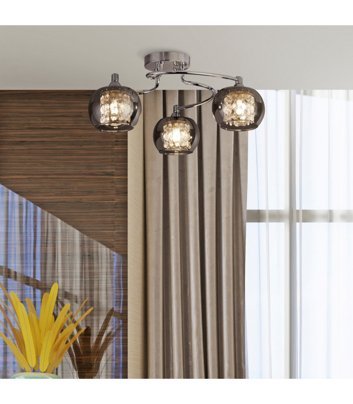 Lovell 3 Light Flush Light- Chrome Metal Smoked Glass & Crystal Glass-4
