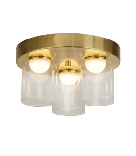 Highball LED 3 Light Flush Light Ceiling Light  Satin Brass & Clear Glass IP44-1