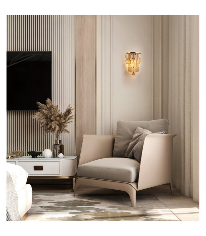 Empire 2 Light Wall Lamp Satin Brass Metal & Champagne Crystal-4