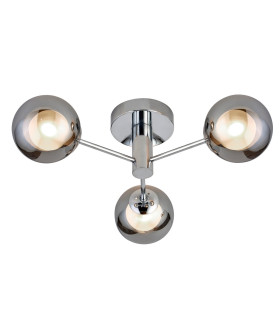 Oscar 3 Light Flush Light Ceiling Light - Chrome Metal & Smoked Glass