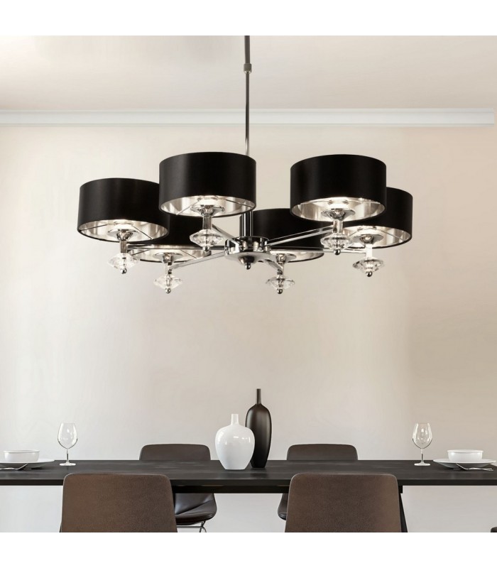 6 Light Chrome Ceiling Pendant with Black Shades, Silver Inner - 3