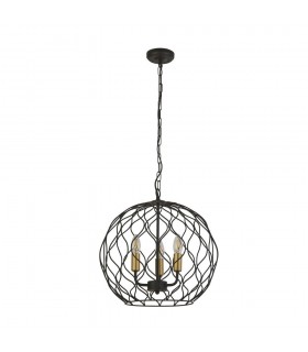 3 Light Round Cage Ceiling Pendant - Black with Gold Lampholders - 2