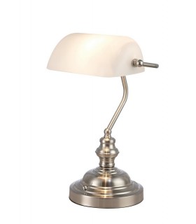 Bankers Table Lamp 1 Light E27 Satin Nickel, White Glass - 1