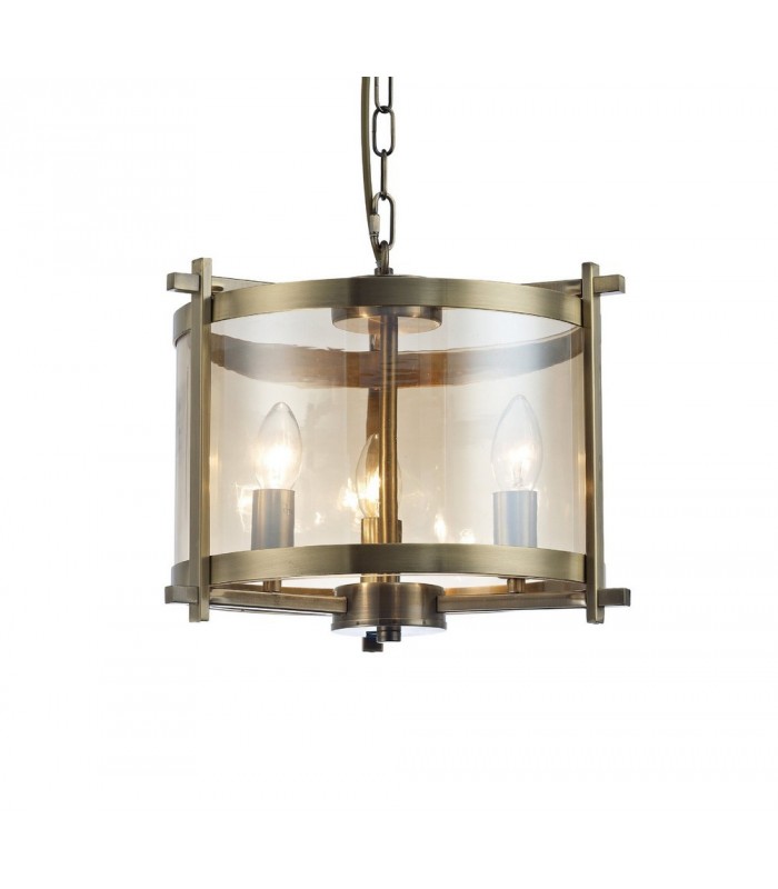 Cylindrical Ceiling Pendant 3 Light E14 Antique Brass, Amber Glass - 1