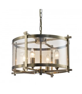 Cylindrical Ceiling Pendant 4 Light E14 Antique Brass, Amber Glass - 1