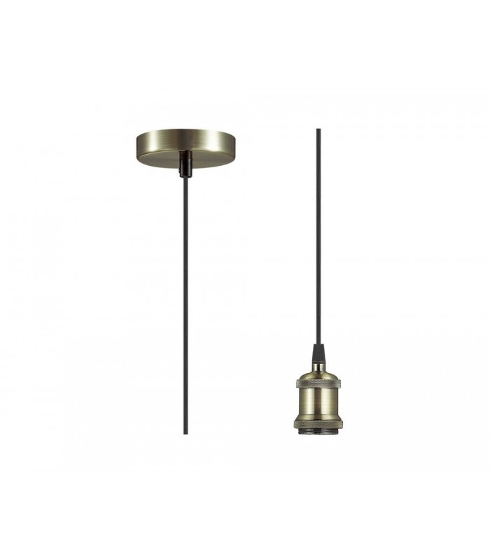 1.5m Suspension Kit 1 Light Antique Brass, Antique Base and Black Braided Cable, E27 Max 60W, c, w Ceiling Bracket - 1
