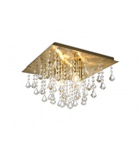 Flush Ceiling 4 Light E14, 380mm Square, Antique Brass, Prism Crystal - 1