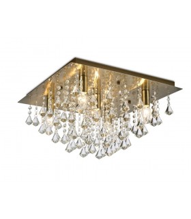 Flush Ceiling 5 Light E14, 460mm Square, Antique Brass, Prism Crystal - 1