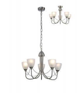 Ceiling 5 Light Ceiling Pendant, Semi Flush Convertible E14 Satin Nickel, Opal Glass - 1