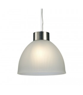 Dome Ceiling Pendant E27, Satin Nickel, Frosted Ribbed Glass Shade - 1