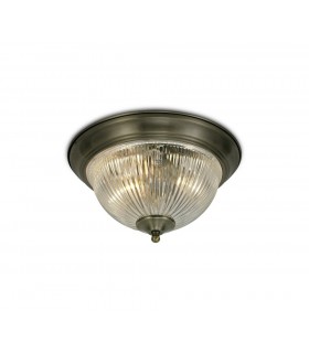 IP44 2 Light E14 Flush Ceiling Light, Antique Brass with Clear Ribbed Glass - 1