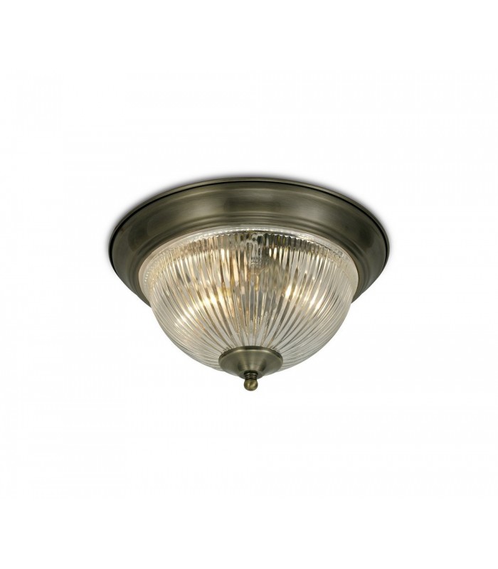 IP44 2 Light E14 Flush Ceiling Light, Antique Brass with Clear Ribbed Glass - 1