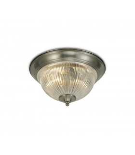 IP44 2 Light E14 Flush Ceiling Light, Satin Nickel with Clear Ribbed Glass - 1